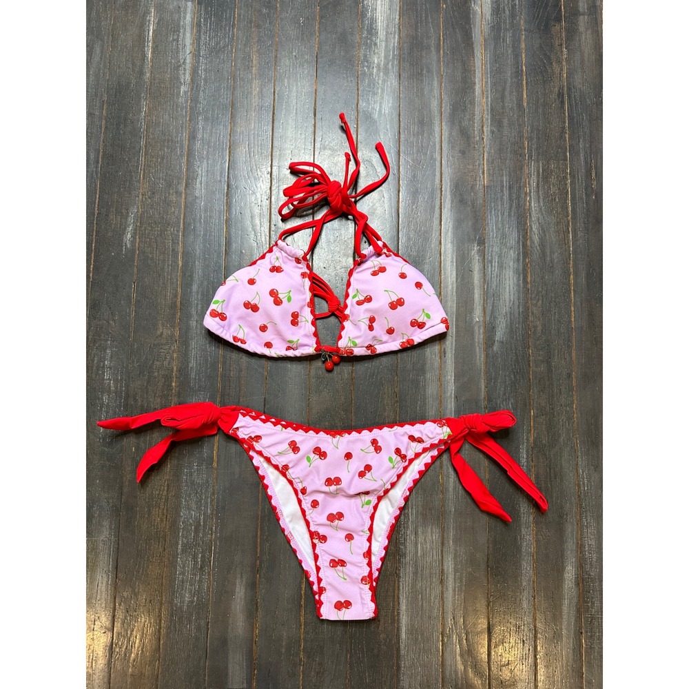 Pink Cherry Print Bikini Set Halter Triangle Top Side Tie Bottoms Scallop Trim